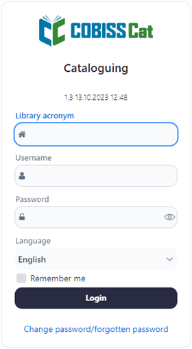 COBISS Cat login window