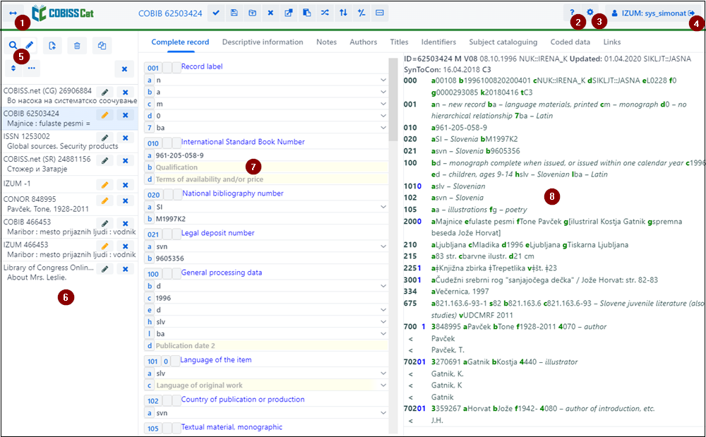 Cataloguing user interface