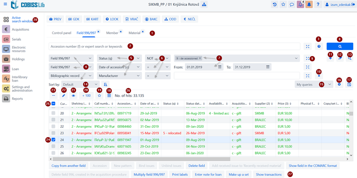 Search window in the content set **Field 996/997** in the COBISS Lib application Search window in the content set Field 996/997 in the COBISS Lib application