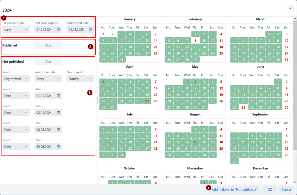 Calendar in the publication pattern window