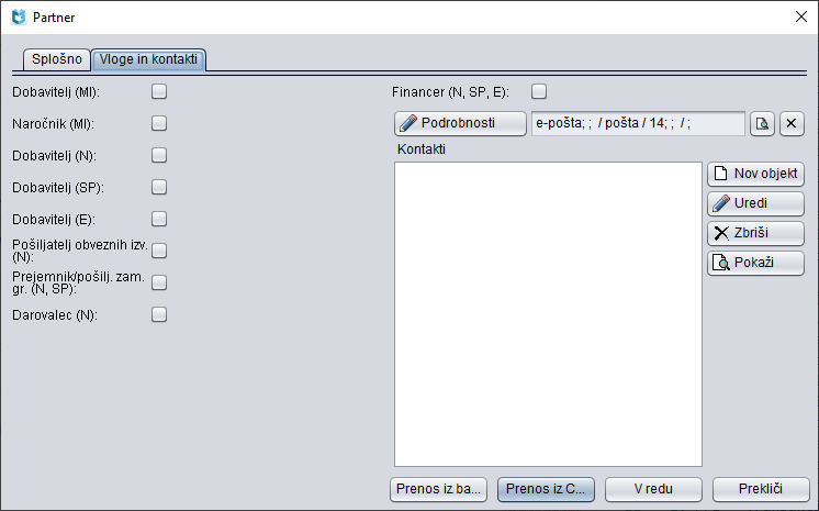 Urejevalnik Partner/Vloge in kontakti
