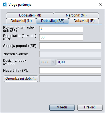 Urejevalnik Vloge partnerja, zavihek Dobavitelj (SP)