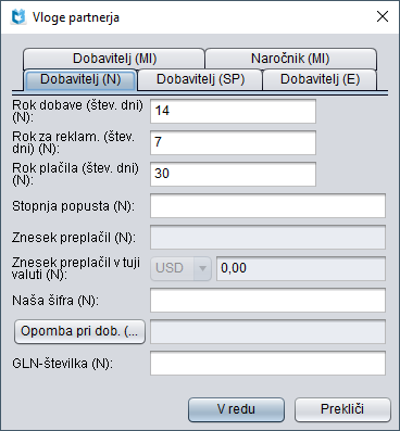 Urejevalnik Vloge partnerja, zavihek Dobavitelj (N)