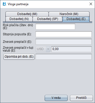 Urejevalnik Vloge partnerja, zavihek Dobavitelj (E)