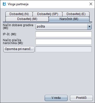 Urejevalnik Vloge partnerja, zavihek Naročnik (MI)