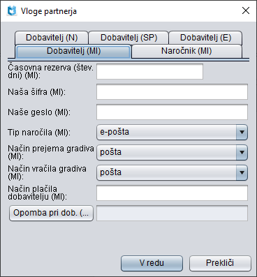 Urejevalnik Vloge partnerja, zavihek Dobavitelj (MI)