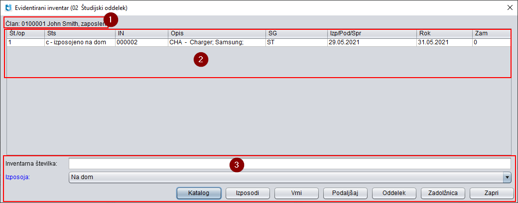 Okno Evidentirani inventar
