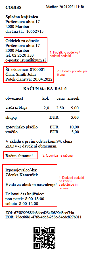 Primer izpisa računa in pozicije posameznih vrst podatkov