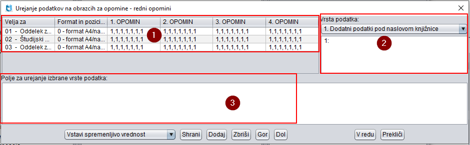 Okno Urejanje podatkov na obrazcih za opomine