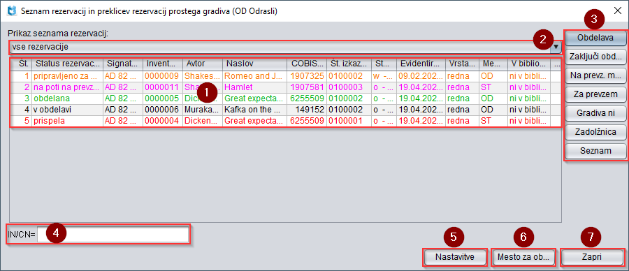 Okno Seznam rezervacij in preklicev rezervacij prostega gradiva