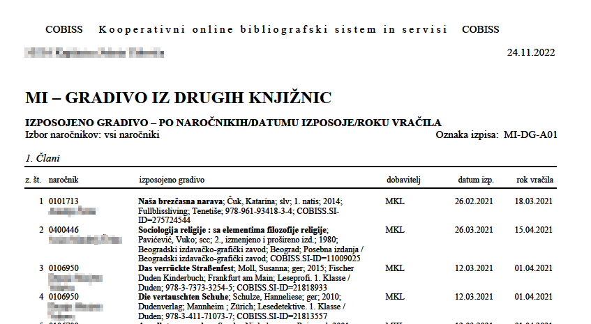 Primer izpisa iz skupine Dobavljeno gradivo