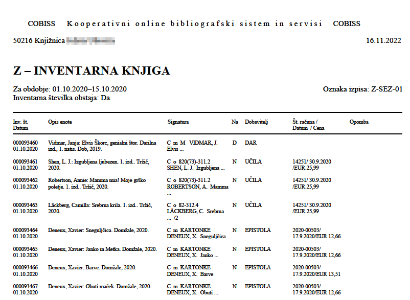 Primer seznama - izsek iz inventarne knjige