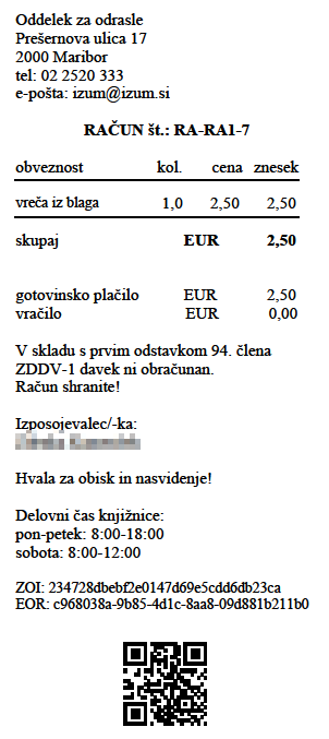 Primer dela izpisa računa, izdanega iz segmenta COBISS3/Izposoja