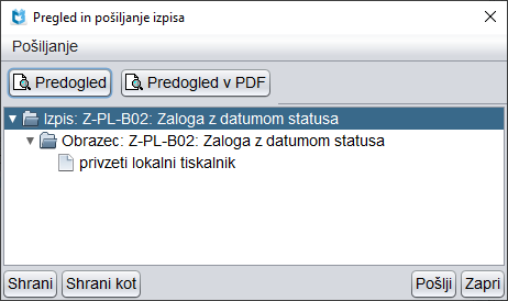 Okno Pregled in pošiljanje izpisa