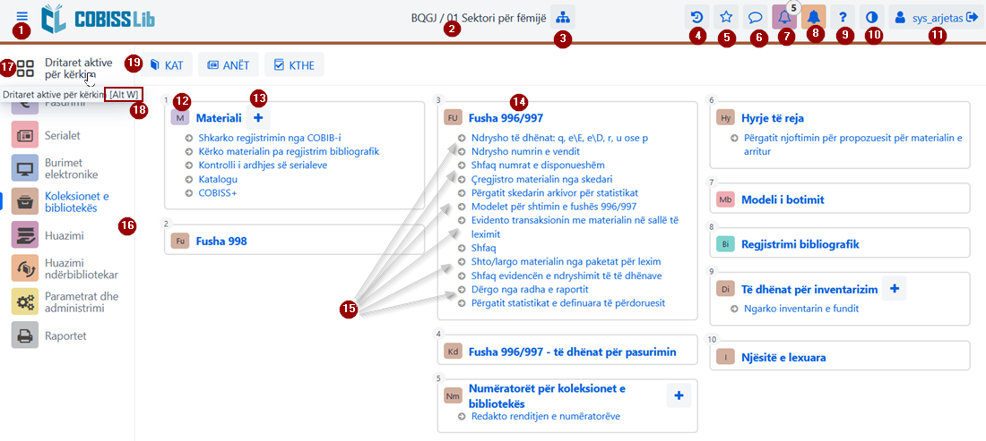 Dritarja kryesore e aplikacionit COBISS Lib