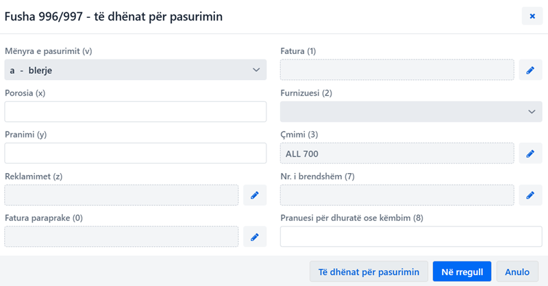 Dritarja Fusha 996/997 – të dhënat për pasurimin