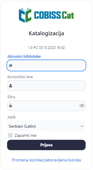 Prozor za prijavu u COBISS Cat
