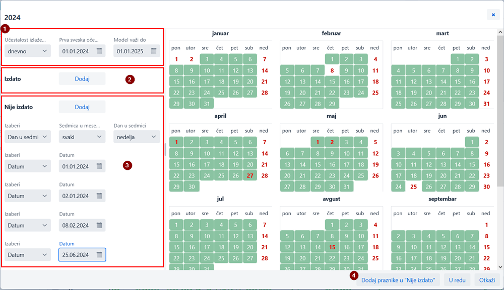 Prozor Kalendar u modelu izlaženja