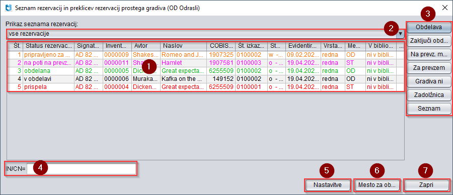 Prozor Spisak rezervacija i otkazivanja rezervacija slobodne građe Prozor Spisak rezervacija i otkazivanja rezervacija slobodne građe